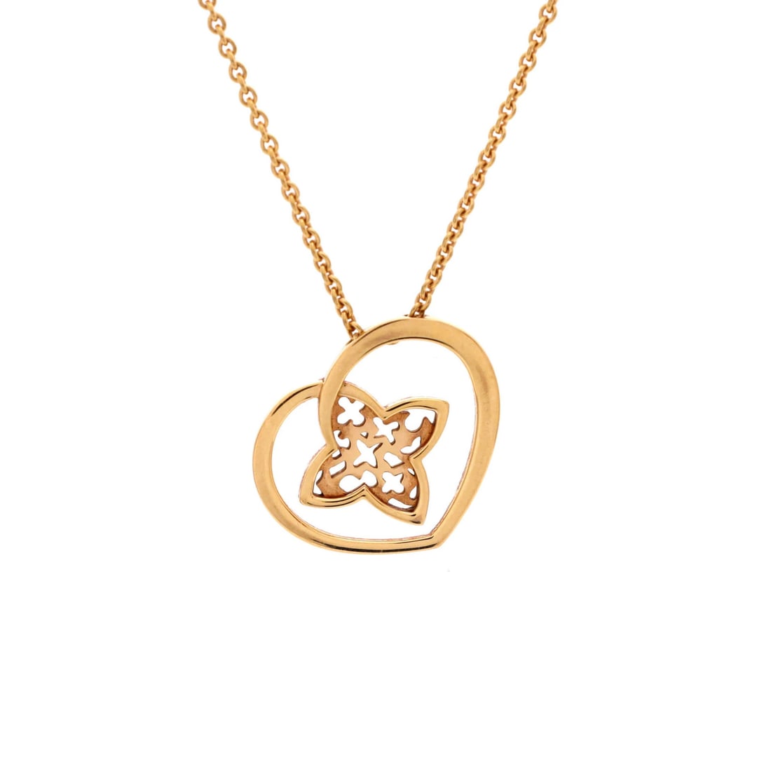 Coeur Heart Pendant Necklace Louis Vuitton 18K Rose Gold: Coeur Heart Pendant Necklace Louis Vuitton 18K Rose Gold The Coeur Heart Pendant Necklace in 18K Rose Gold is a stunning piece, featuring a 16" length with a 15.30mm x 18.70mm pendant. This iconic Lou