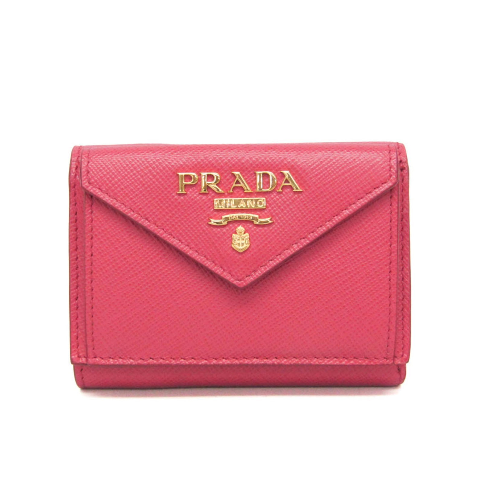 Prada Wallet (Tri-Fold) Leather: Prada Wallet (Tri-Fold) Leather The Prada Saffiano Metal Tri-Fold Wallet is a sleek and stylish accessory, featuring a vibrant pink leather exterior with a snap fastener closure. This tri-fold wallet