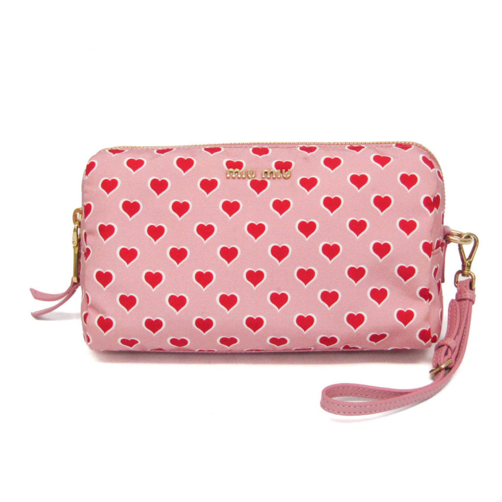 Nylon pouch: Nylon pouch Made from durable nylon, this Miu Miu Heart 5NE457 pouch boasts a striking pink, red, and white heart pattern. Measuring 12cm x 19.5cm x 9cm, it weighs 560g. Its sleek design and vibrant