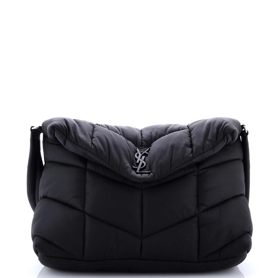 Econyl Quilted Puffer Messenger Bag Loulou Saint Laurent: Econyl Quilted Puffer Messenger Bag Loulou Saint Laurent Black quilted Econyl puffer messenger bag from Saint Laurent, featuring a nylon exterior with silver and black hardware. The bag measures 9.5"