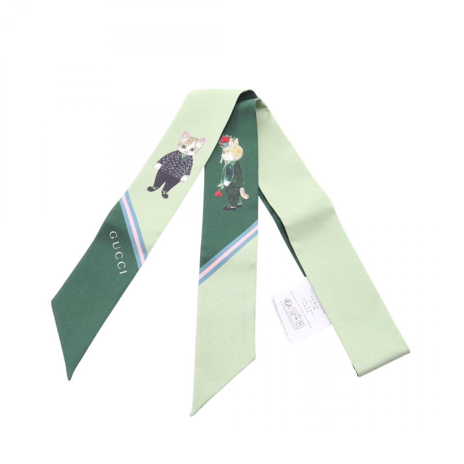 Silk Gucci Scarf: Silk Gucci Scarf Silk Gucci Scarf in vibrant green hue, crafted from luxurious silk fabric with a 1.15m x 5cm size, perfect for adding a pop of color to any outfit. The scarf bears a signature, a