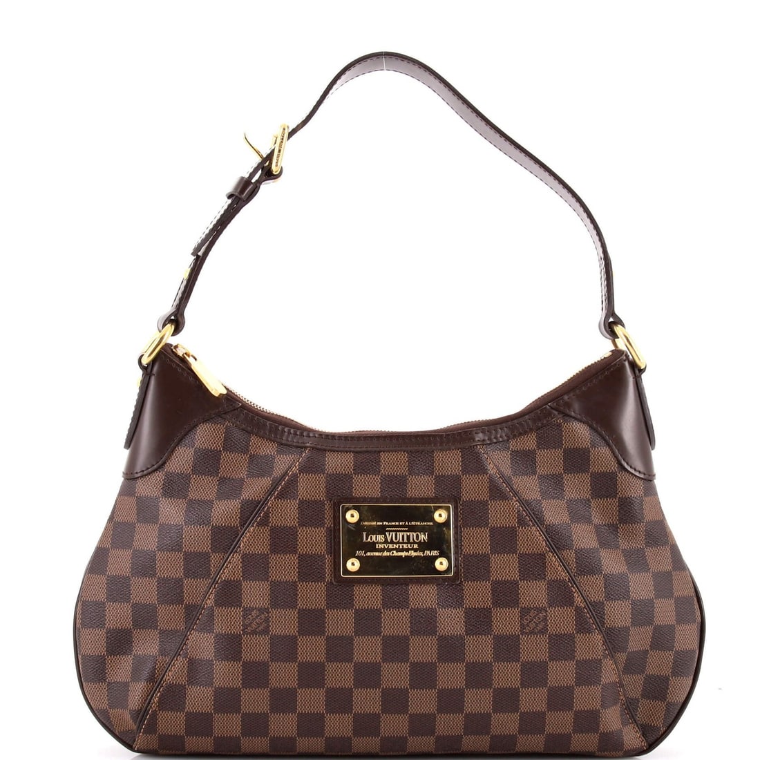 Handbag Damier Louis Vuitton Thames: Handbag Damier Louis Vuitton Thames Brown canvas coated Damier PM Louis Vuitton Thames shoulder bag with gold hardware, featuring scuffs, corner wear, and minor creases on the exterior, and light