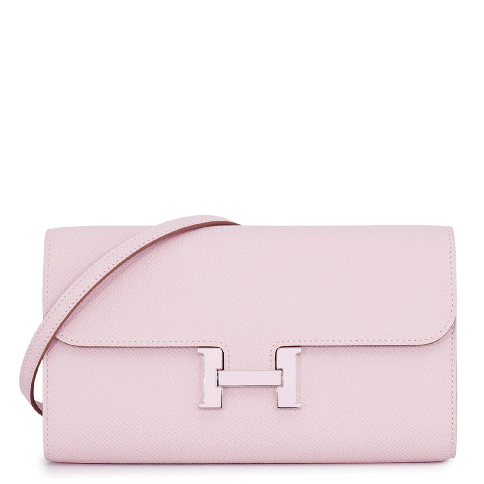 Epsom Leather Bi fold Wallet Hermes: Epsom Leather Bi fold Wallet Hermes Epsom leather, a luxurious and soft material, is used to craft this bi-fold wallet from Hermes. The pale pink color adds a touch of elegance, while the long design