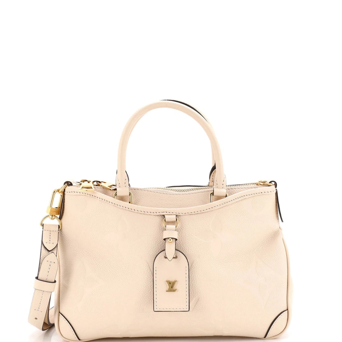 Giant Monogram Empreinte Louis Vuitton Trianon Handbag: Giant Monogram Empreinte Louis Vuitton Trianon Handbag Giant Monogram Empreinte Louis Vuitton Trianon Handbag features a neutral exterior with scuffs, edge wear, corner wear, and minor creases, all