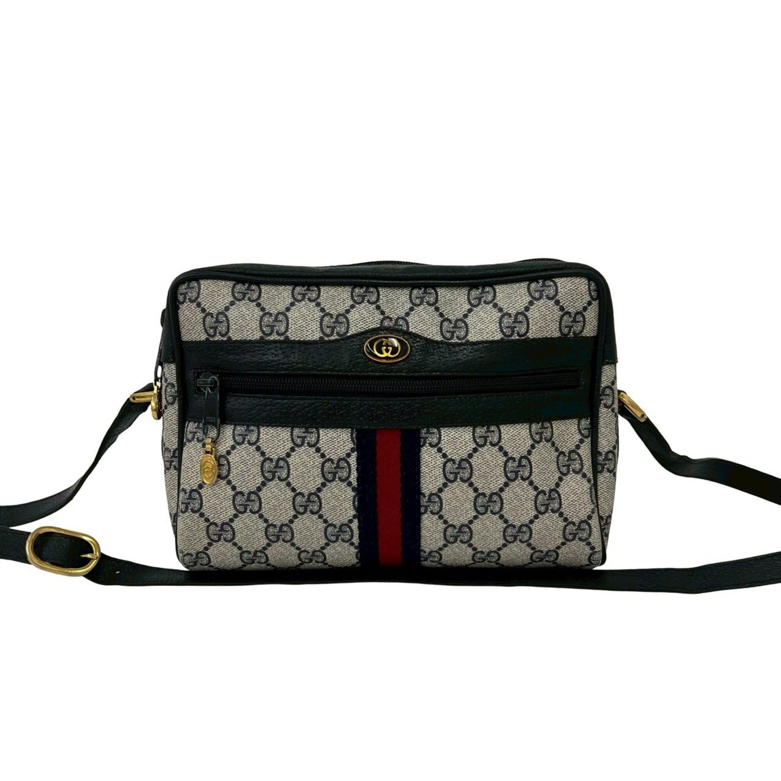 Shoulder Bag Leather Pvc Gucci Pochette: Shoulder Bag Leather Pvc Gucci Pochette Navy and red color accents add a pop of contrast to this Gucci Pochette, a stylish shoulder bag made from a combination of leather and PVC. Measuring 16cm x
