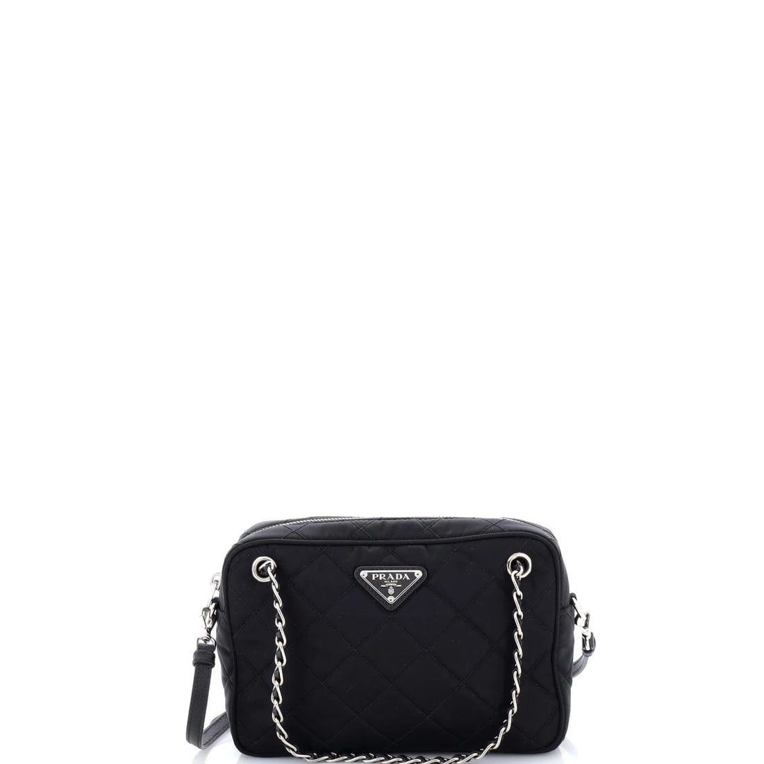 Quilted Tessuto Camera Prada Small Bag: Quilted Tessuto Camera Prada Small Bag Quilted Tessuto Camera Prada Small Bag in black nylon exterior with silver hardware. Measuring 6" tall, 8.5" wide, and 2" deep, this small shoulder bag features