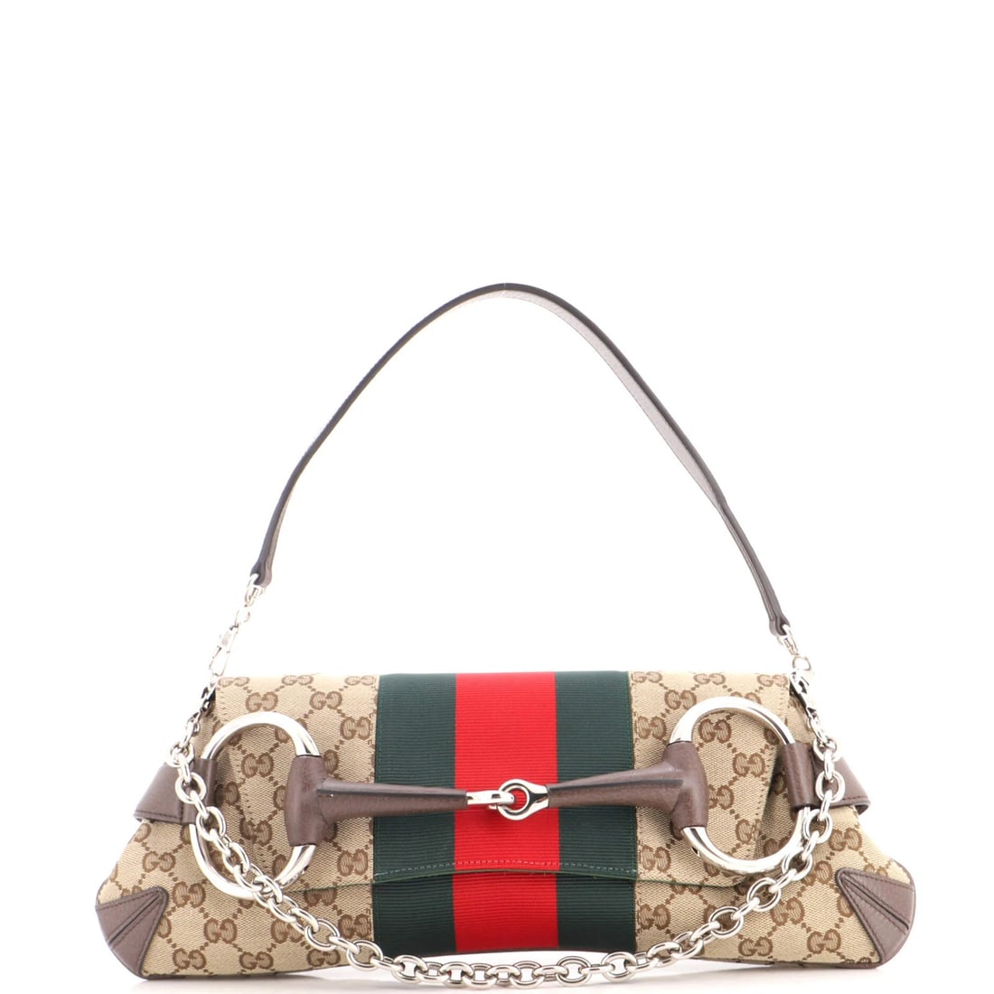 Horsebit NM Web Chain Clutch Canvas Medium: Horsebit NM Web Chain Clutch Canvas Medium Brown Horsebit NM Web Chain Clutch in Medium Canvas with Satin Green Interior, featuring scuffs, edge wear, and minor creases on exterior and interior surfac