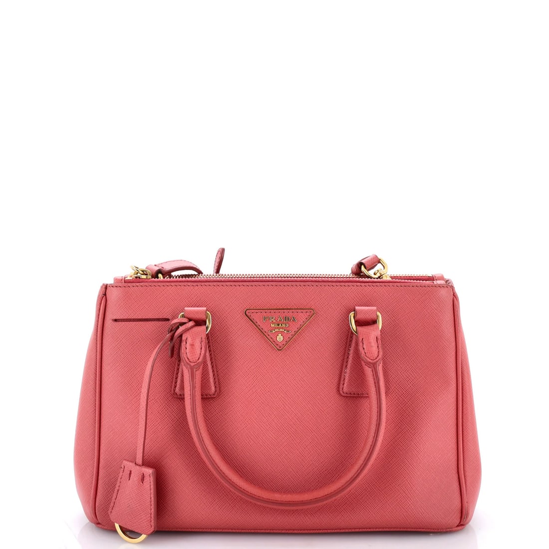 Saffiano Leather Lux Double Prada Mini Tote: Saffiano Leather Lux Double Prada Mini Tote Saffiano Leather Lux Double Prada Mini Tote in Pink, featuring a classic double-zip design and a stylish top handle, is a chic and versatile accessory for