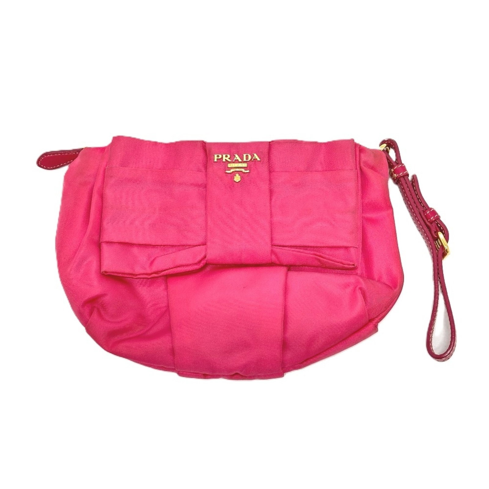 Nylon Prada Pouch: Nylon Prada Pouch Nylon Prada Pouch in Pink. Made from nylon, this 15cm x 20cm pouch features a pink color and a compact size. The pouch is a simple accessory. Item Specifics: Brand: Prada Type: