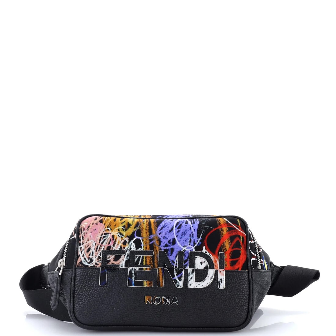 Fielding Noel x Fendi Abstract Nylon Printed Bag Belt: Fielding Noel x Fendi Abstract Nylon Printed Bag Belt Black and multicolor abstract print nylon belt bag with silver hardware, featuring a unique and eye-catching design. The exterior shows minor