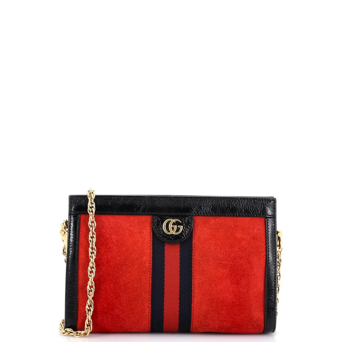 Chain Gucci Ophidia Small Suede Bag: Chain Gucci Ophidia Small Suede Bag The Gucci Ophidia Small Suede Bag is a stylish shoulder bag with a bold red exterior and gold hardware. Measuring 7" tall, 10.5" wide, and 3" deep, this small bag