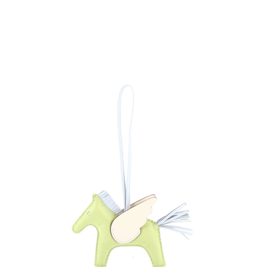 Leather Charm Rodeo Pegase Bag Hermes MM: Leather Charm Rodeo Pegase Bag Hermes MM The Hermes Pegase Rodeo Bag Charm Leather MM is a unique accessory featuring a green leather exterior with a glitter finish. Measuring 5" in height, 5" in