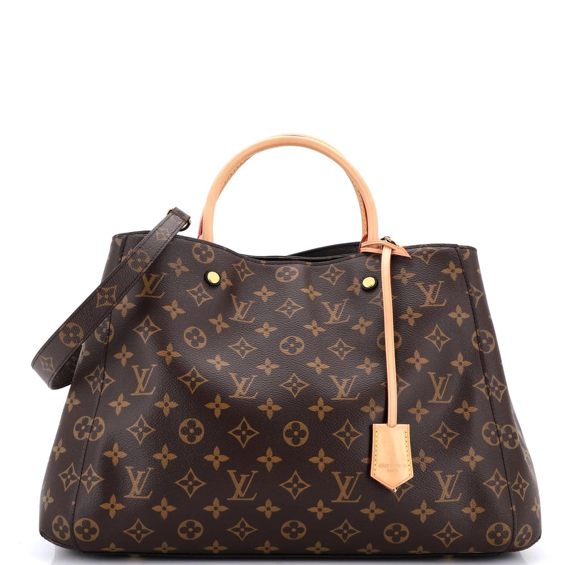 Louis Vuitton Canvas Monogram Handbag Montaigne GM: Louis Vuitton Canvas Monogram Handbag Montaigne GM Brown Louis Vuitton Canvas Monogram Handbag Montaigne GM features a classic tote design with a 21" gold strap drop and 4" handle drop. The bag measur