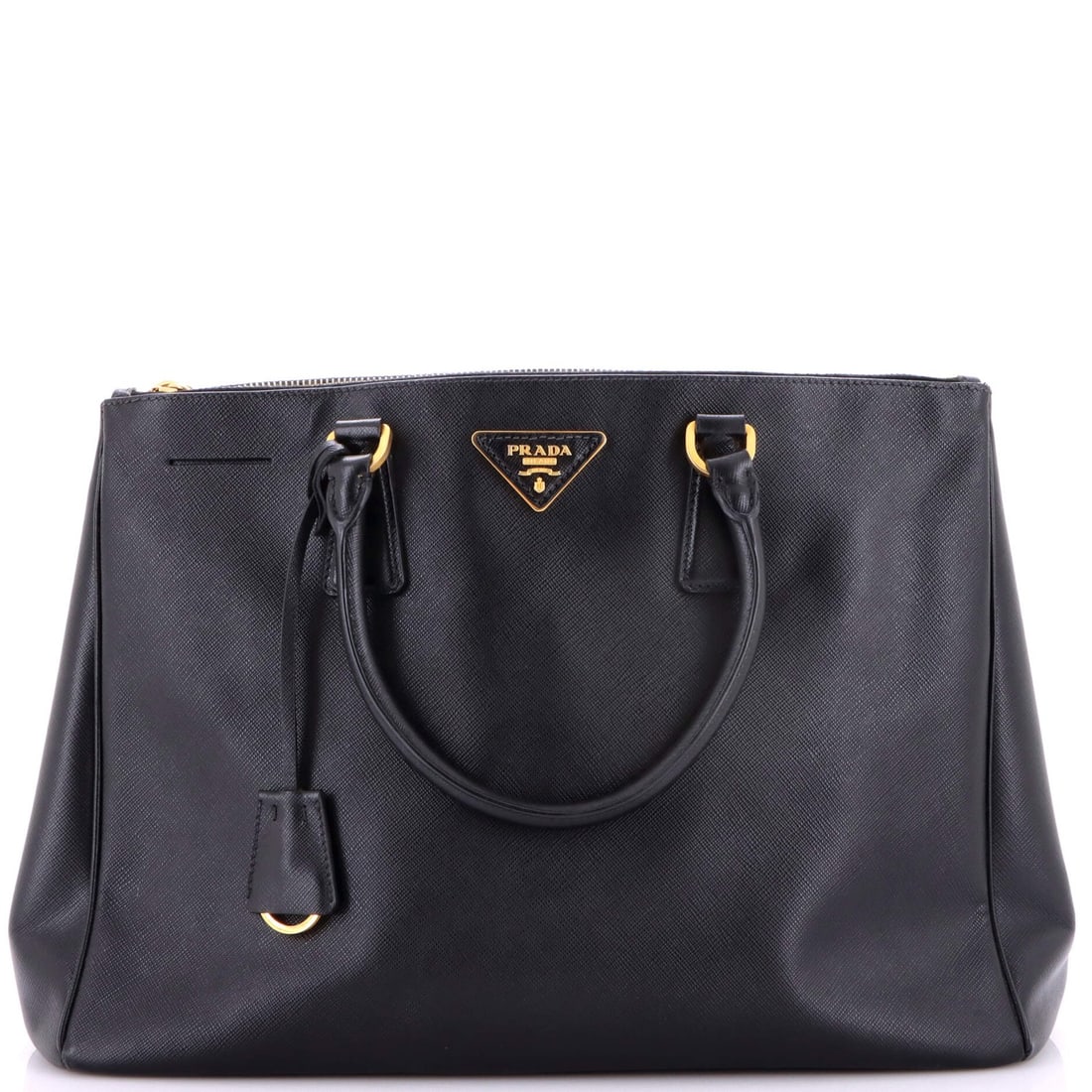 Saffiano Leather Double Tote Lux Prada Large: Saffiano Leather Double Tote Lux Prada Large Saffiano Leather Double Tote Lux Prada Large - A luxurious black tote with a spacious interior and gold hardware, featuring a sturdy Saffiano leather