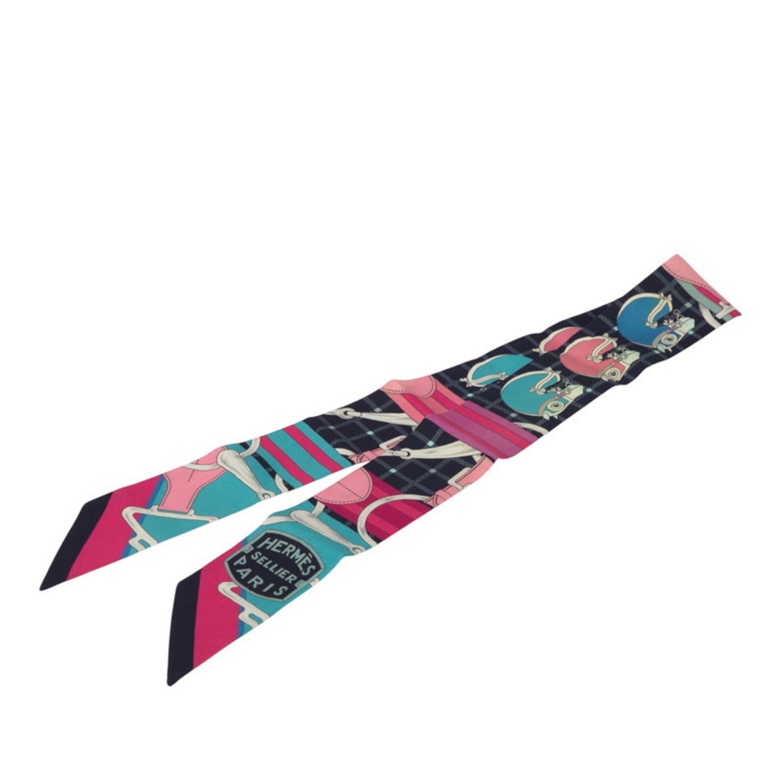 Silk Hermes Scarf: Silk Hermes Scarf Silk from the renowned French fashion house, this Hermes scarf boasts a vibrant multi-color, navy, and pink design, showcasing the elegance and sophistication of the brand's signatur