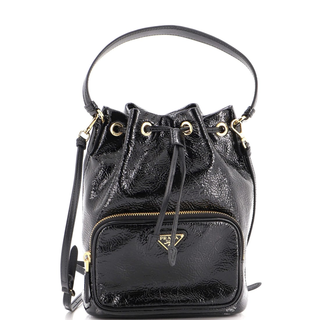 Patent Small Prada Bag Pocket Bucket Drawstring: Patent Small Prada Bag Pocket Bucket Drawstring Patent leather exterior adds a touch of sophistication to this small Prada bucket bag. With its classic drawstring pocket design and gold hardware,