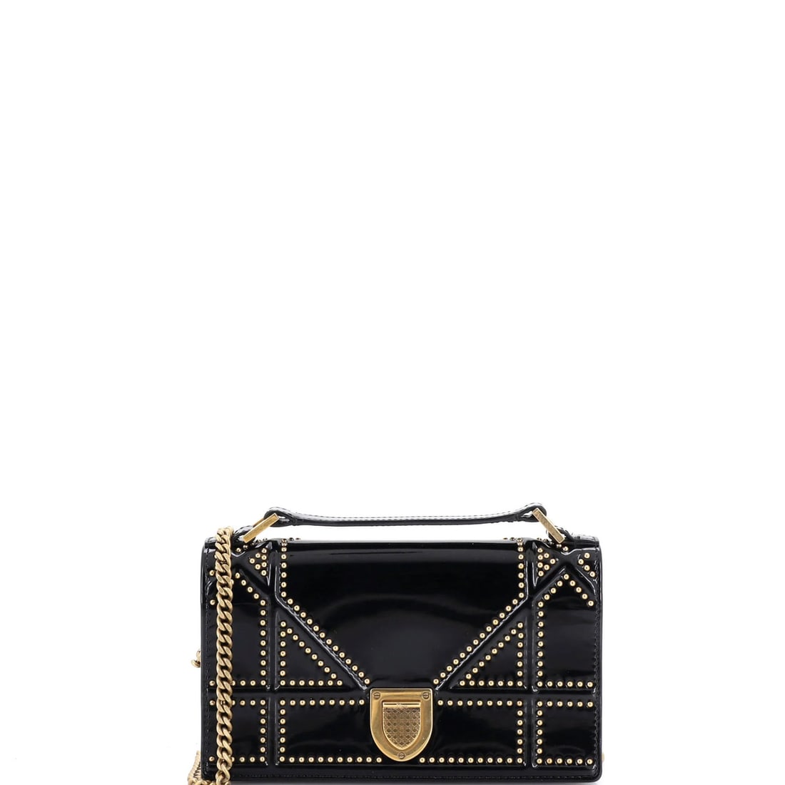 Christian Dior Diorama Chain Flap Clutch Studded Patent: Christian Dior Diorama Chain Flap Clutch Studded Patent Black studded patent leather exterior, chain flap closure, and microfiber interior make this Christian Dior Diorama Chain Flap Clutch a