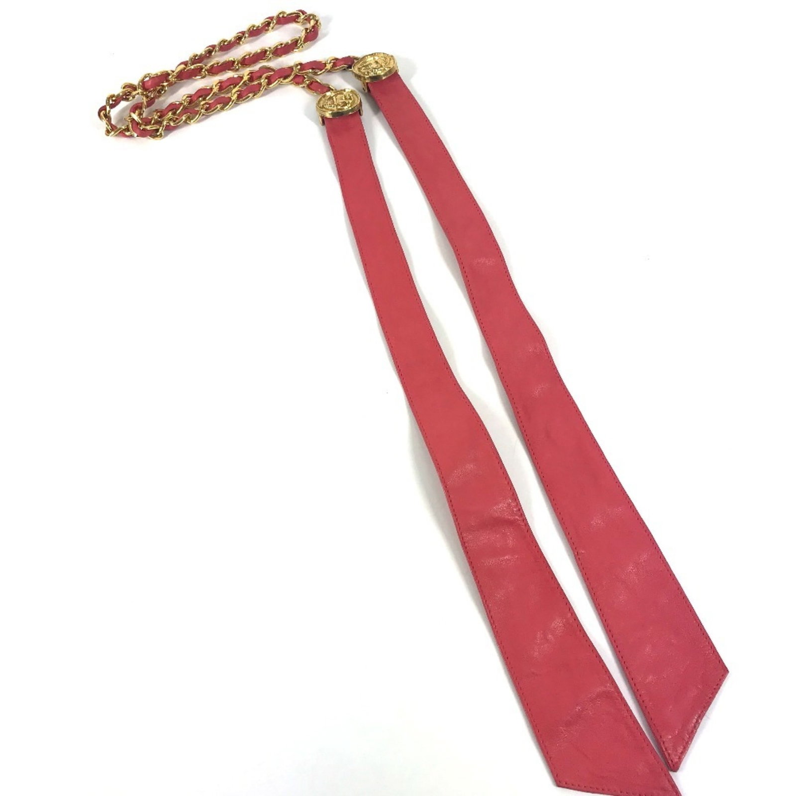 Chain Belt for Chanel: Chain Belt for Chanel Chain belt for Chanel, made from high-quality leather in pink and yellow, features a classic chain design. Measuring 144cm in length, this belt is a stylish accessory for women. 