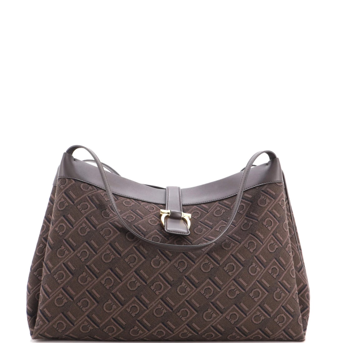 Salvatore Ferragamo Gancini Medium Tote Bag Jacquard Shoulder: Salvatore Ferragamo Gancini Medium Tote Bag Jacquard Shoulder Brown canvas plain jacquard shoulder tote bag from Salvatore Ferragamo's Gancini collection, featuring a medium size with a 10.5" height