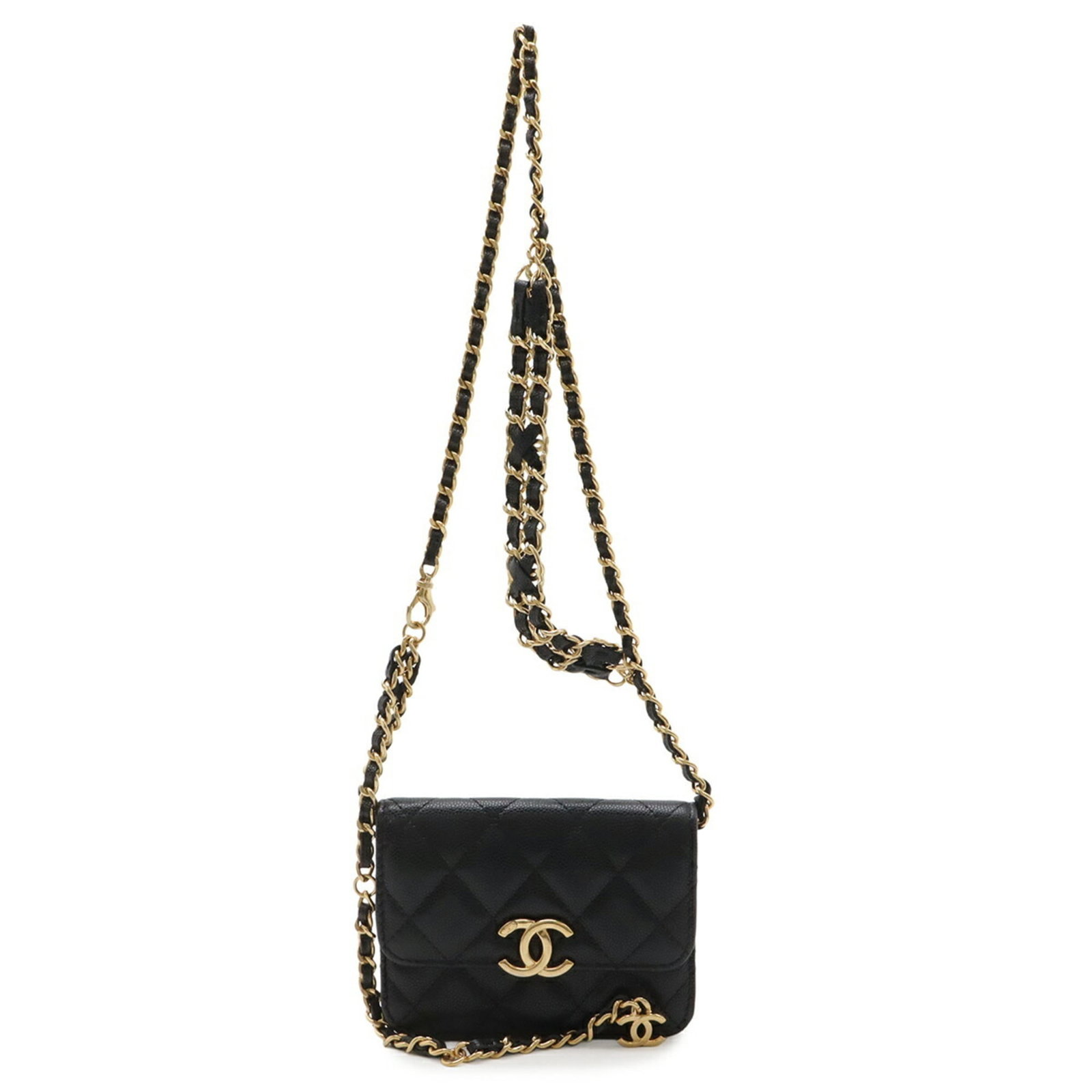 Calfskin Handbag Chanel: Calfskin Handbag Chanel Calfskin Handbag in Grained Calfskin Material, Black in Color, with 92cm Strap Length and Dimensions of 10cm x 12.5cm x 2.5cm. This Matelasse-style Handbag weighs 230g and feat