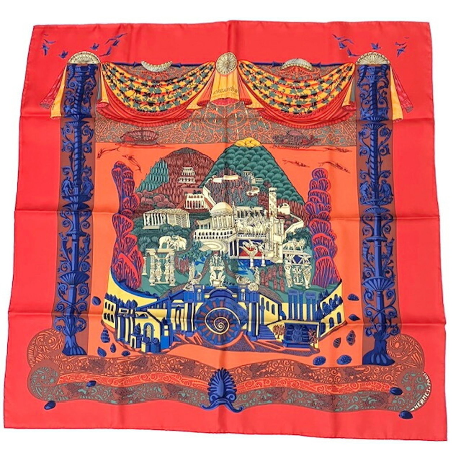Silk Hermes Scarf: Silk Hermes Scarf Silk Hermes Scarf in vibrant orange hue, measuring 90cm x 90cm, presented in a luxurious box. This high-quality silk scarf is a beautiful addition to any wardrobe. Item Specifics: Br