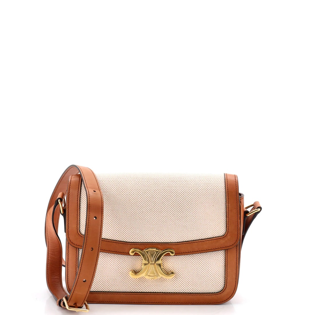 Shoulder Bag Canvas Celine Triomphe Medium Leather: Shoulder Bag Canvas Celine Triomphe Medium Leather Canvas Celine Triomphe Medium Leather Shoulder Bag, featuring a neutral exterior with a mix of canvas and leather details. This medium-sized