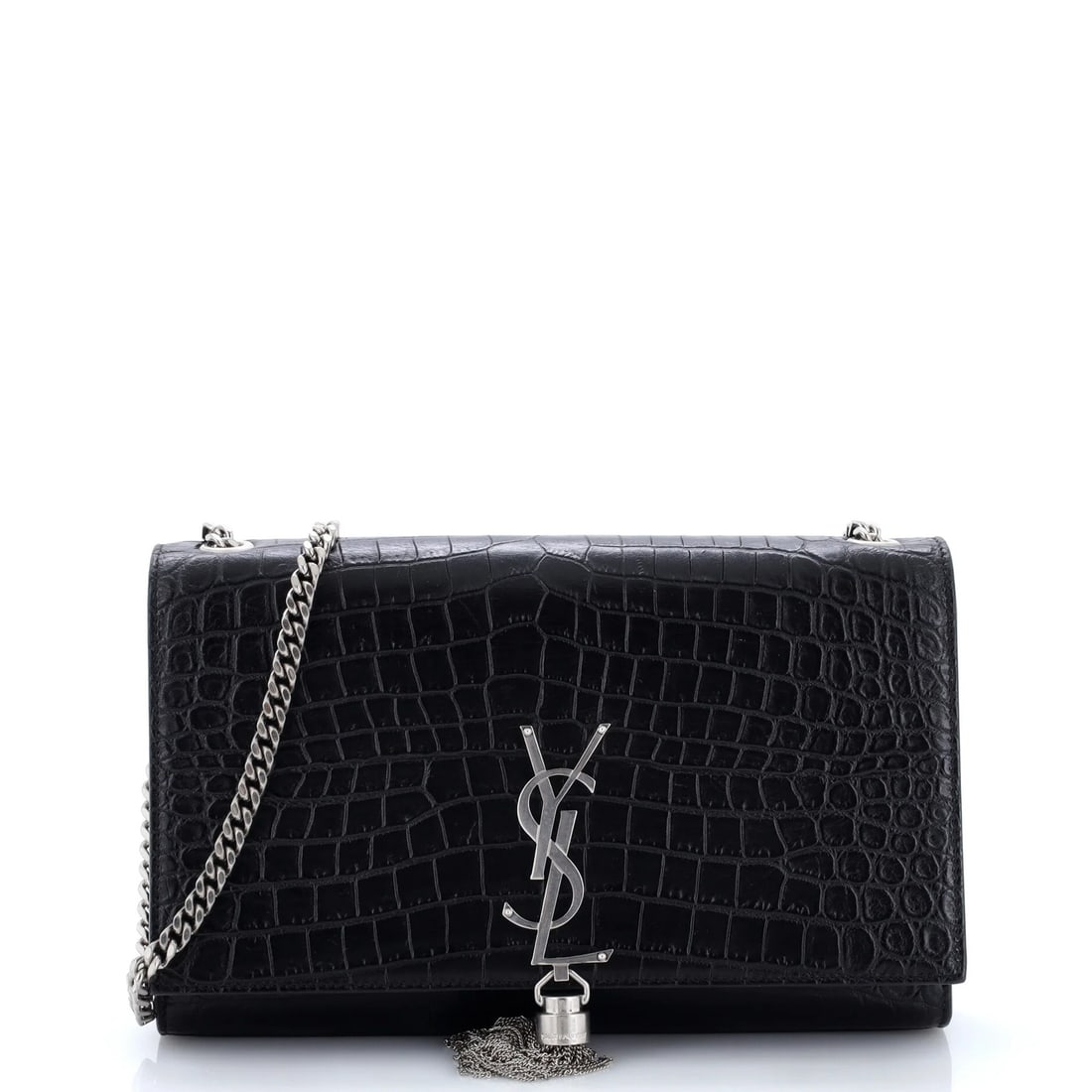 Crocodile Embossed Leather Saint Laurent Classic Tassel Bag Monogram Crossbody: Crocodile Embossed Leather Saint Laurent Classic Tassel Bag Monogram Crossbody Crocodile embossed leather adds a touch of luxury to this Saint Laurent Classic Tassel Bag Monogram Crossbody, featuring