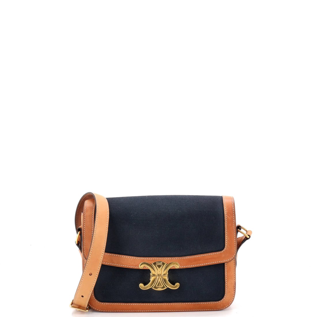 Shoulder Bag Canvas Celine Triomphe Medium Leather: Shoulder Bag Canvas Celine Triomphe Medium Leather The Celine Triomphe Medium Shoulder Bag features a striking canvas exterior in blue, complemented by rich brown leather accents and gold hardware.