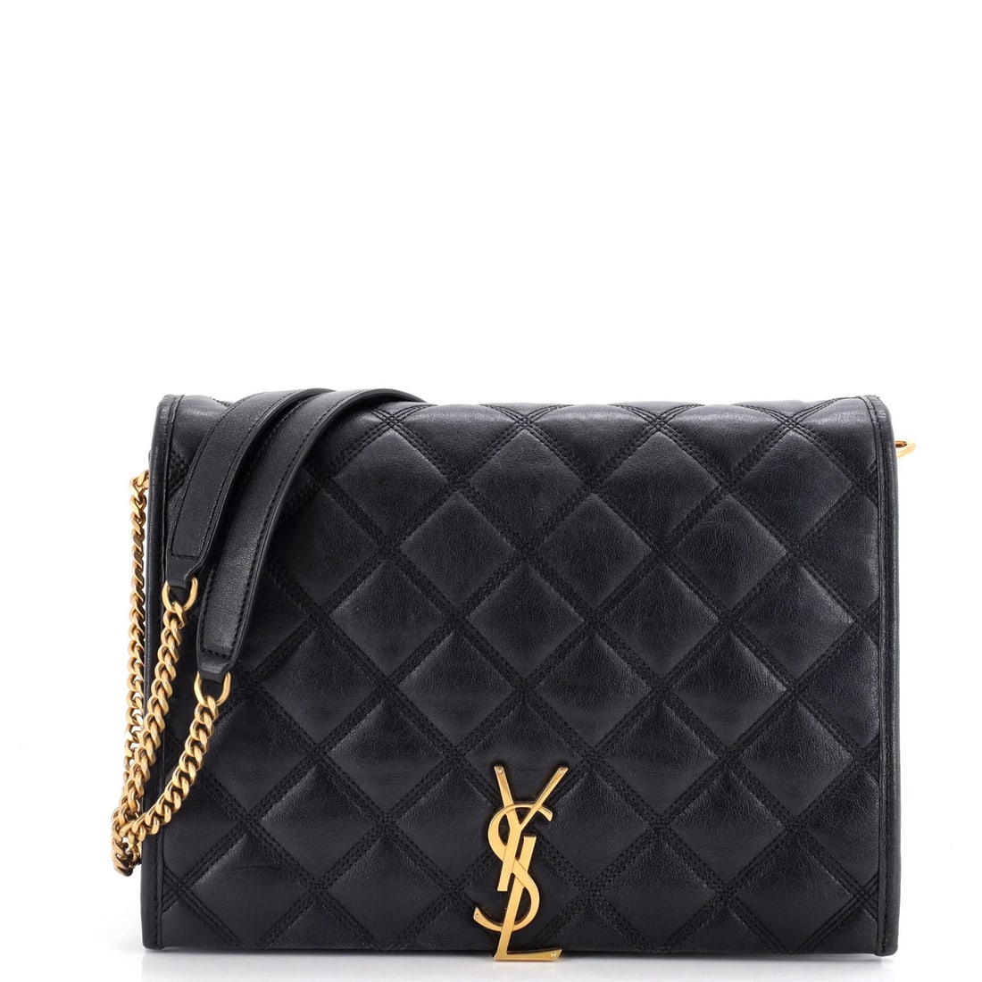 Leather Quilted Small Saint Laurent Becky Bag Shoulder: Leather Quilted Small Saint Laurent Becky Bag Shoulder Black quilted leather Saint Laurent Becky shoulder bag with gold hardware, featuring a small size and 20" strap drop. The bag has a fair