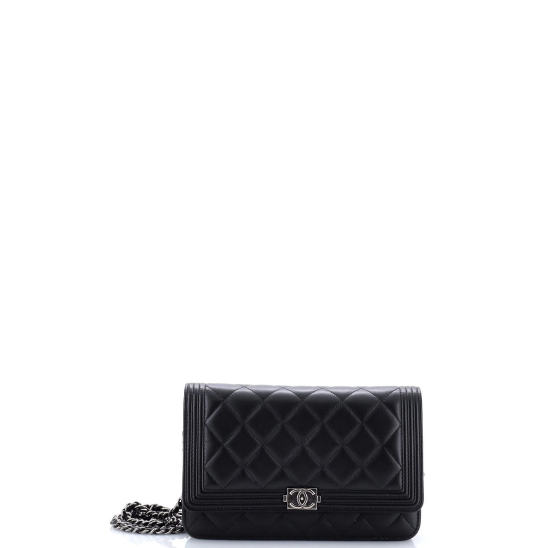 Lambskin Wallet Boy Chain Quilted Chanel: Lambskin Wallet Boy Chain Quilted Chanel This Chanel Boy Wallet on Chain Quilted Lambskin bag features a classic cross body design with a 24.5" handle drop and 25" strap drop, making it a versatile ac