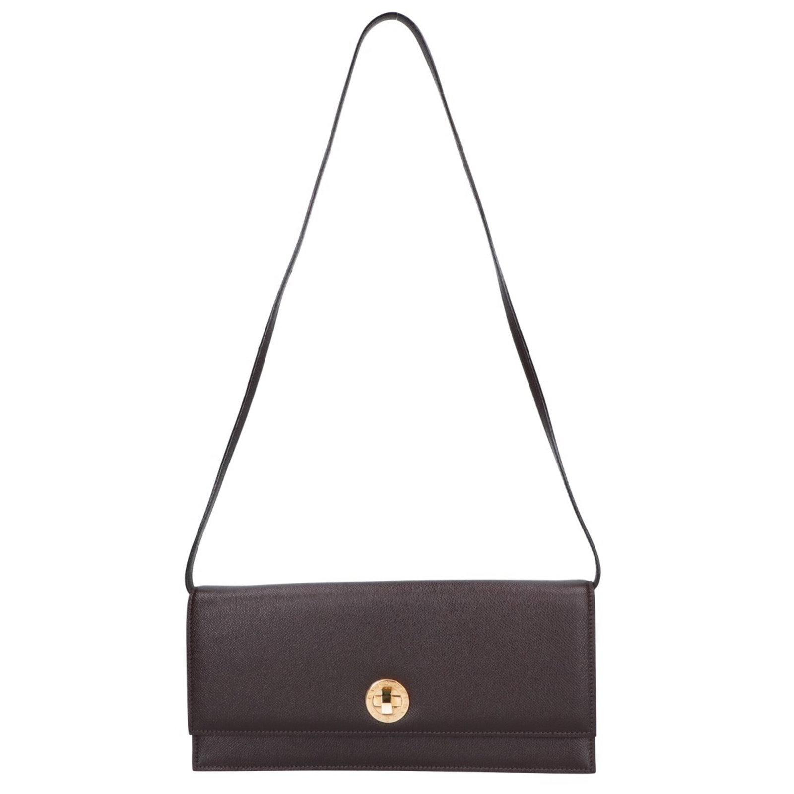 Shoulder Bag Leather: Shoulder Bag Leather Dark brown leather shoulder bag with a sleek design, measuring 13.5cm x 29.5cm x 5cm. Bvlgari brand, featuring high-quality leather construction. Item Specifics: Brand: Bvlgari