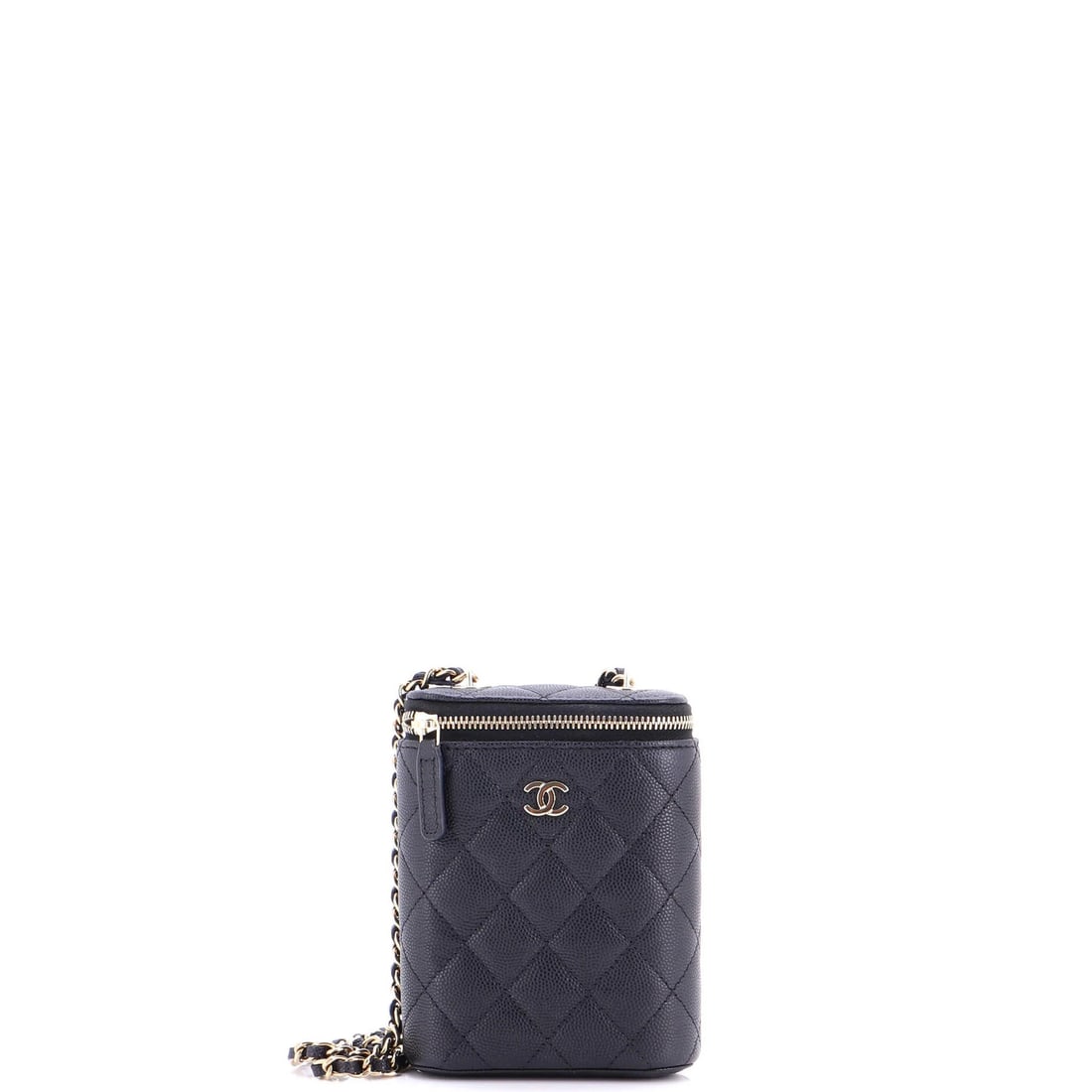 Classic Vertical Caviar Chain Quilted Chanel Small Vanity Case: Classic Vertical Caviar Chain Quilted Chanel Small Vanity Case The Classic Vertical Caviar Chain Quilted Chanel Small Vanity Case boasts a timeless design with its chain quilted exterior in sleek