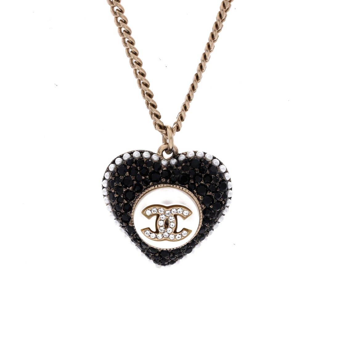 Chanel Metal Pendant Necklace Faux Pearls Crystals Drop Heart: Chanel Metal Pendant Necklace Faux Pearls Crystals Drop Heart Chanel's iconic metal pendant necklace features a striking heart-shaped drop design adorned with faux pearls and crystals, adding a touch