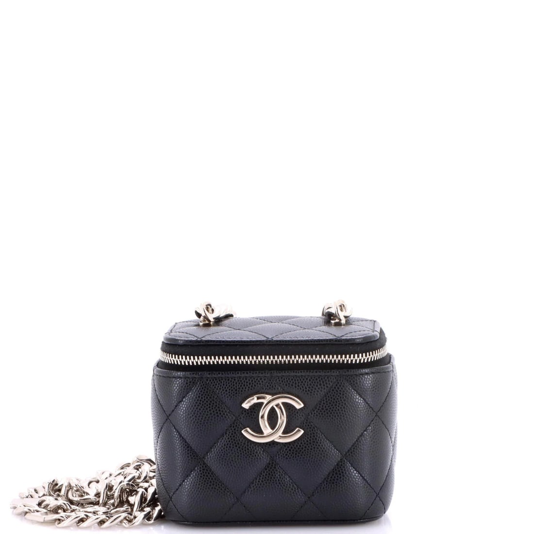 Coco Chanel Enamel Strap Quilted Caviar Mini with Chain Vanity Case: Coco Chanel Enamel Strap Quilted Caviar Mini with Chain Vanity Case Black leather exterior with quilted caviar design, a classic Chanel mini cross body bag with chain vanity case, measures 3" x 4" x 2