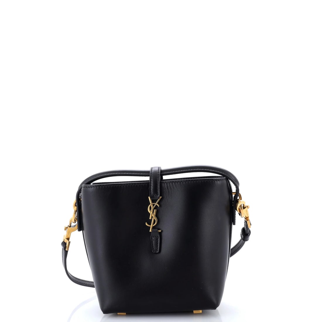 Laurent Saint Le 37 Mini Leather Bucket Bag: Laurent Saint Le 37 Mini Leather Bucket Bag Black leather bucket bag with suede interior, featuring aged gold hardware and a classic design. Measuring 6" in height, 5.5" in width, and 2.5" in depth,