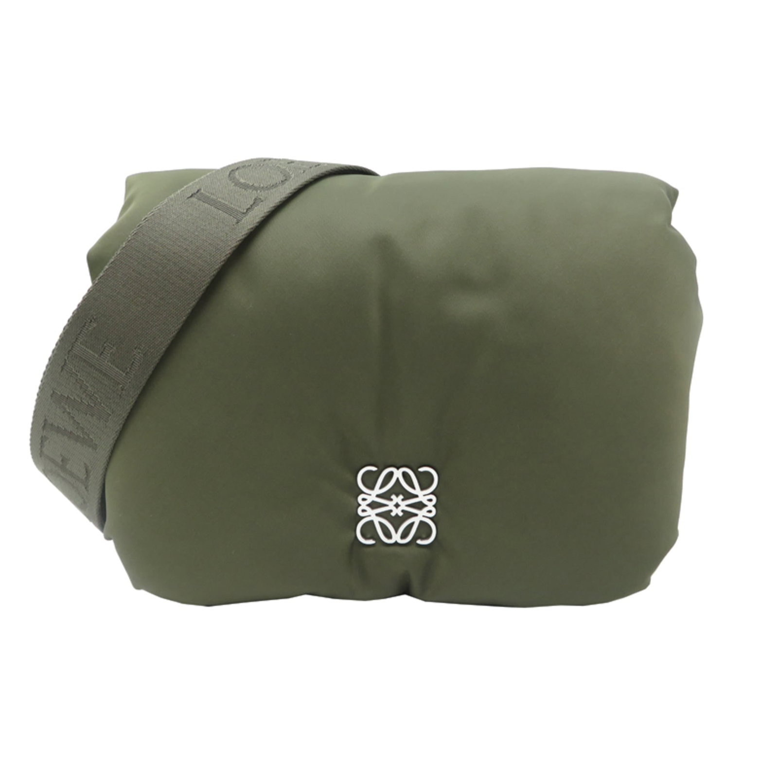 Nylon Leather Loewe Shoulder Bag: Nylon Leather Loewe Shoulder Bag Nylon and leather blend in this unique Loewe shoulder bag, available in a striking green and khaki color combination. Measuring 17cm x 22cm x 10cm, it offers a compact