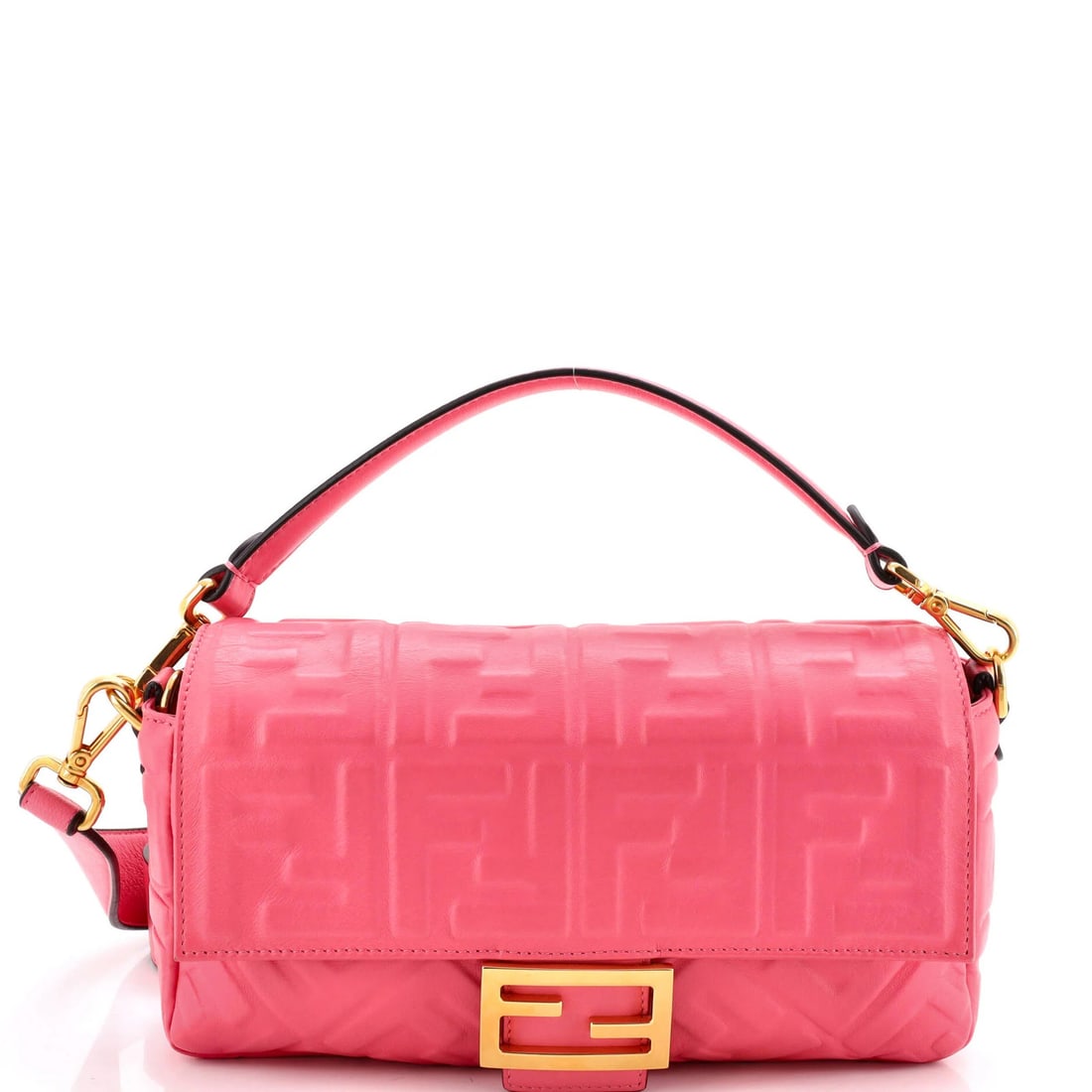 Fendi Baguette Medium NM Zucca Embossed Leather Bag: Fendi Baguette Medium NM Zucca Embossed Leather Bag Pink Fendi Baguette Medium Zucca Embossed Leather Cross Body Bag with heavy edge wear, heavy corner wear, scuffs, discoloration, minor creases, and