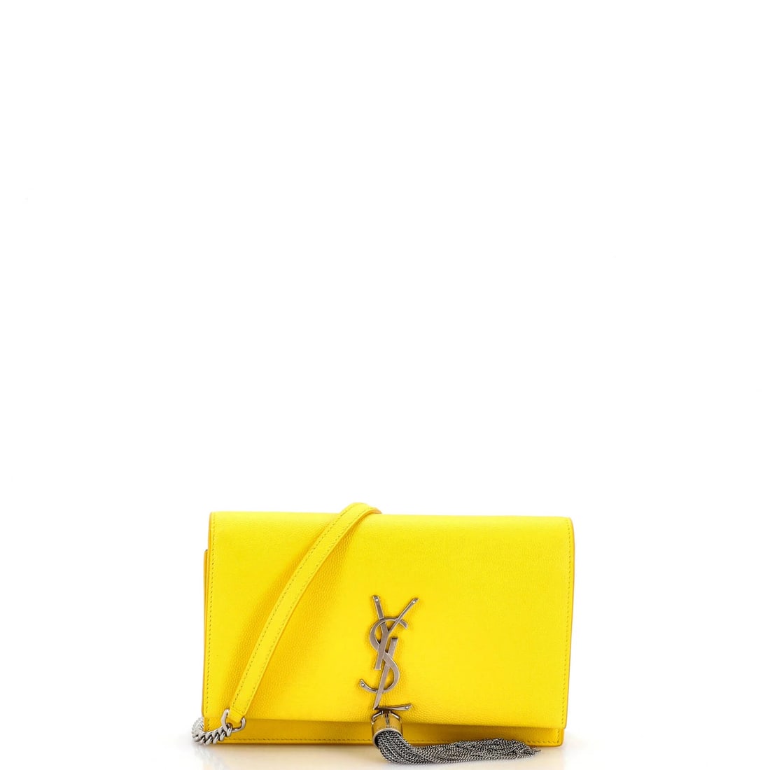 Laurent Saint Classic Monogram Leather Tassel Chain Wallet: Laurent Saint Classic Monogram Leather Tassel Chain Wallet The Saint Laurent Classic Monogram Tassel Chain Wallet boasts a vibrant yellow exterior, adorned with the iconic monogram pattern, and