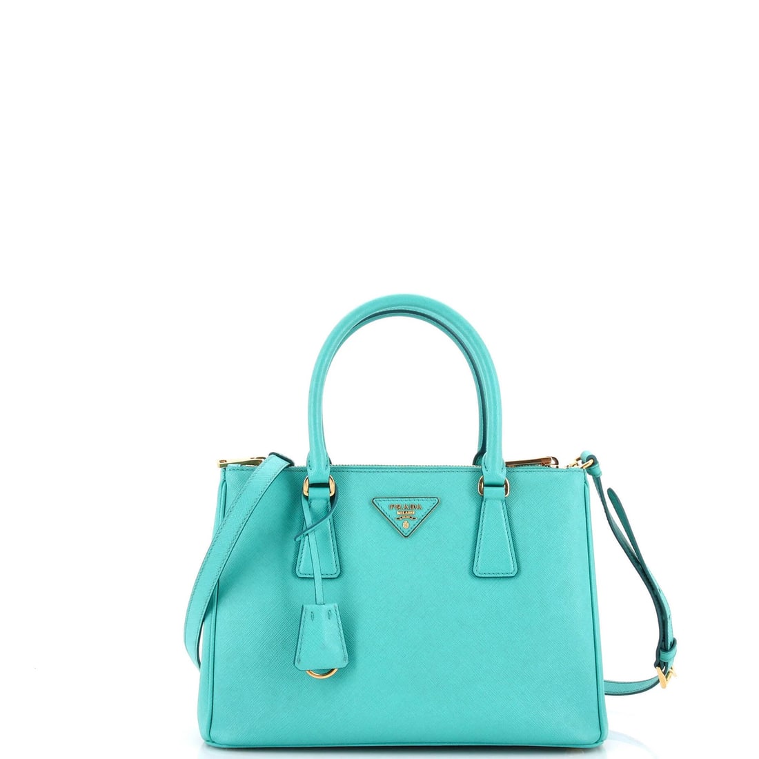 Saffiano Leather Double Zip Tote Small Prada: Saffiano Leather Double Zip Tote Small Prada Saffiano Leather Double Zip Tote Small Prada in Green. This Prada Galleria Small Double Zip Tote features Saffiano Leather exterior with a green color, gol