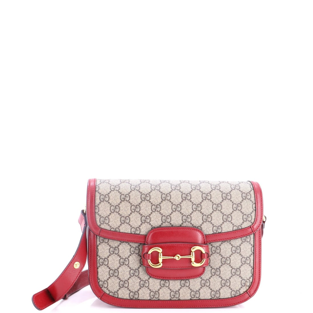 Gucci Horsebit Small GG Coated Canvas Leather Bag 1955: Gucci Horsebit Small GG Coated Canvas Leather Bag 1955 Burgundy canvas coated leather bag with Horsebit 1955 design, featuring gold hardware and neutral microfiber interior. This small cross body bag 