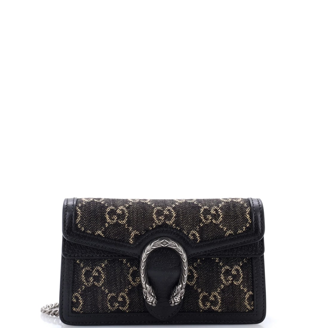 Gucci Dionysus Bag Denim Super Mini: Gucci Dionysus Bag Denim Super Mini The Gucci Dionysus Bag Denim Super Mini is a stylish and compact cross body bag made from high-quality denim. Featuring a sleek silver hardware and a black leather 