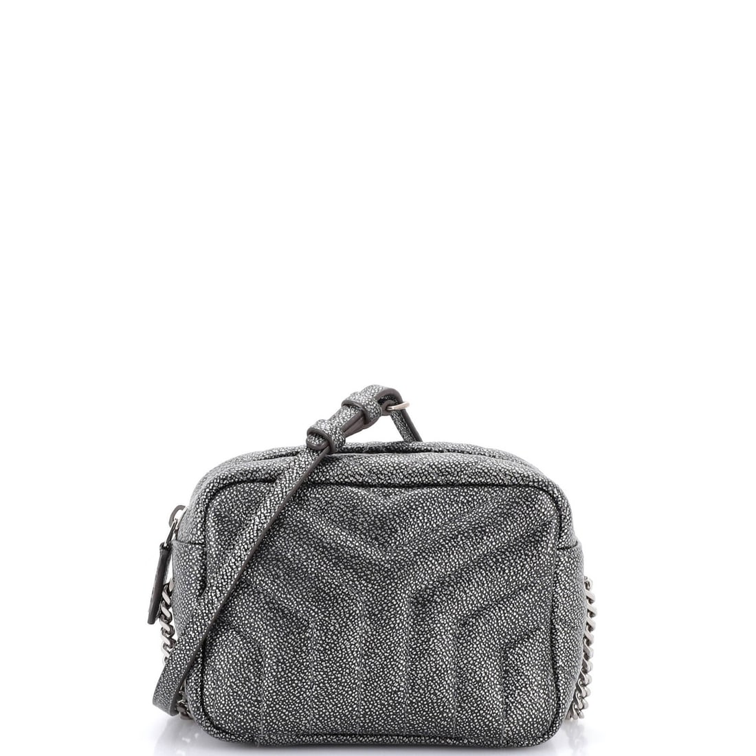 LouLou Bowling Bag Saint Laurent Matelasse Chevron Mini Leather: LouLou Bowling Bag Saint Laurent Matelasse Chevron Mini Leather Silver Saint Laurent LouLou Bowling Bag with Matelasse Chevron Leather and Black Interior, featuring minor scuffs and creases on the