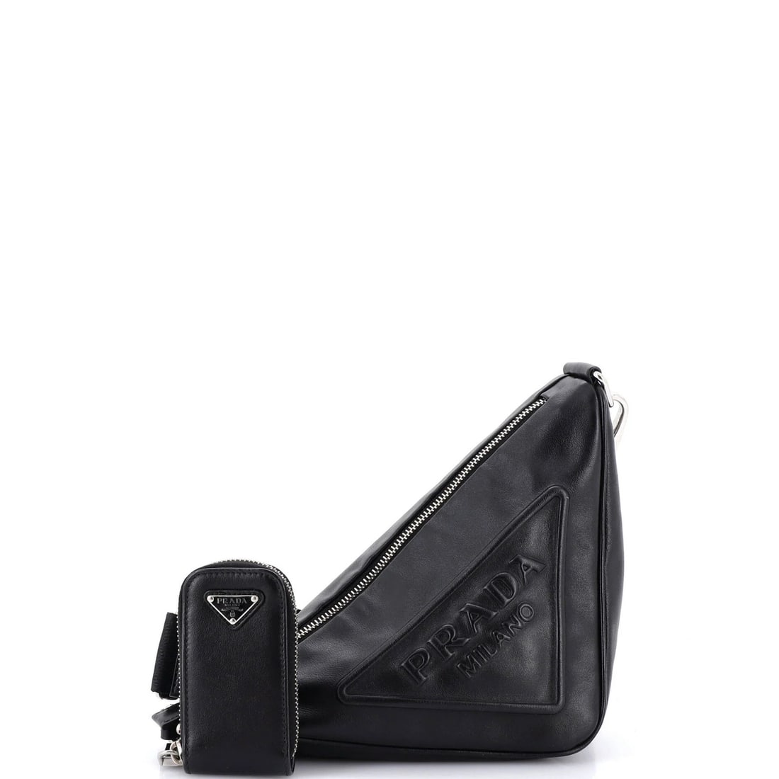Prada Logo Zip Crossbody Bag Leather Embossed Triangle Mini: Prada Logo Zip Crossbody Bag Leather Embossed Triangle Mini Black leather triangle mini crossbody bag with Prada logo zip, featuring minor creases on exterior and minor scuffs on handles and strap. Th