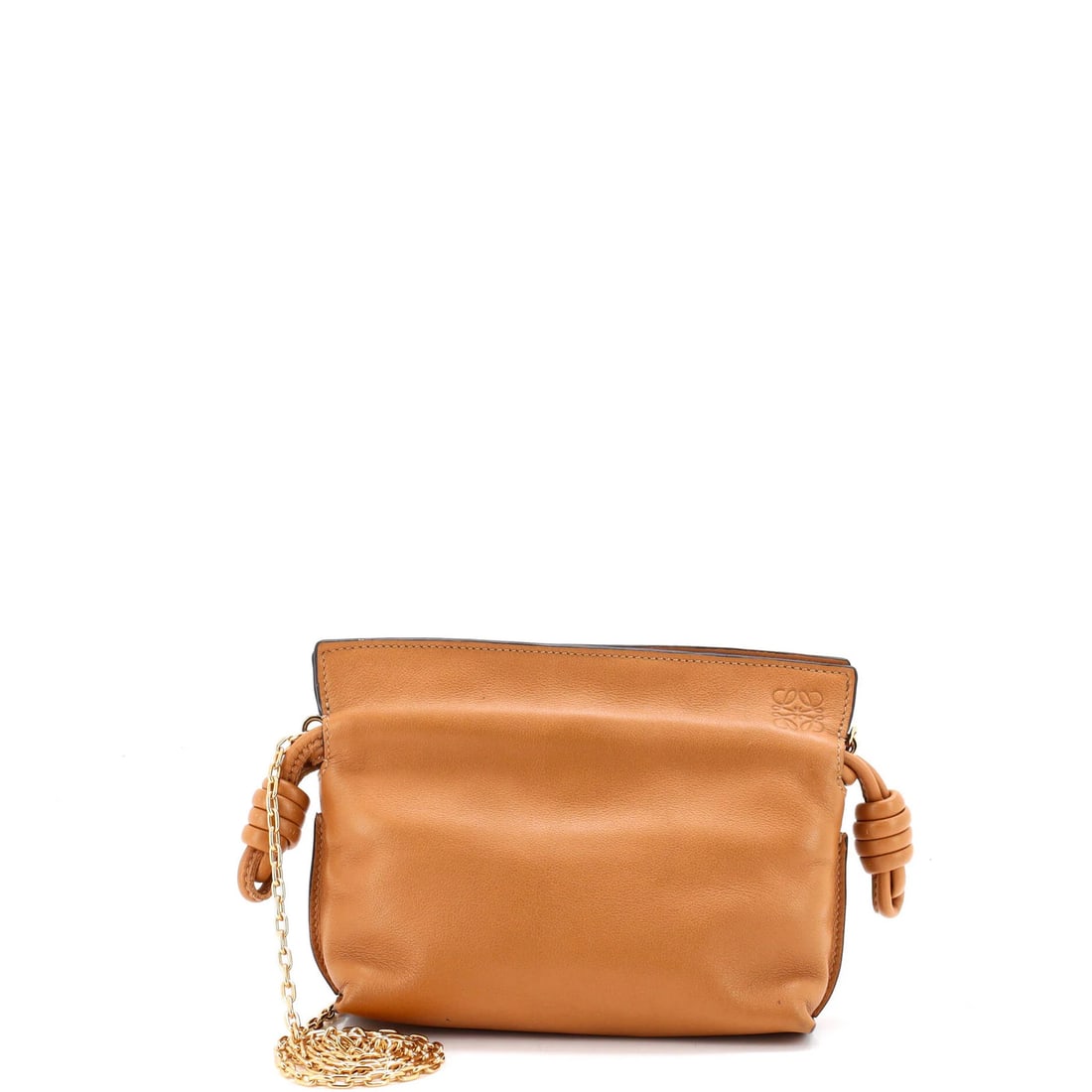 Leather Clutch Knot Chain Loewe Nano Flamenco: Leather Clutch Knot Chain Loewe Nano Flamenco The Loewe Nano Flamenco Cross Body Bag boasts a sleek, brown leather exterior with a stylish knot chain design. Measuring 4.5" in height, 6" in width,