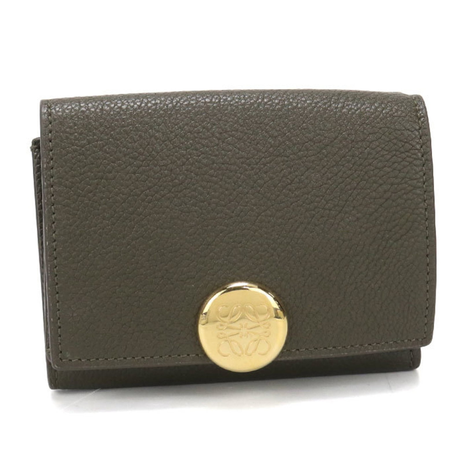 Loewe Wallet (Tri-Fold) Leather: Loewe Wallet (Tri-Fold) Leather Tri-fold leather wallet from Loewe, featuring a classic design with a khaki color and durable construction. Made from high-quality leather, this wallet measures 8cm x