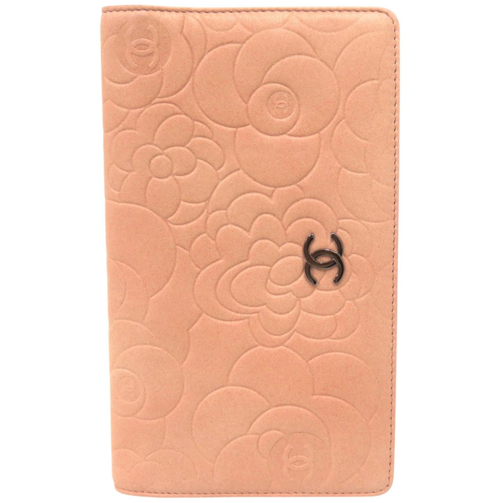 Chanel Long Wallet (Bi-Fold) Leather: Chanel Long Wallet (Bi-Fold) Leather Pink beige lambskin Chanel bi-fold long wallet with a classic design and elegant size. Measuring 11cm x 18cm x 2cm, this stylish wallet is made from high-quality