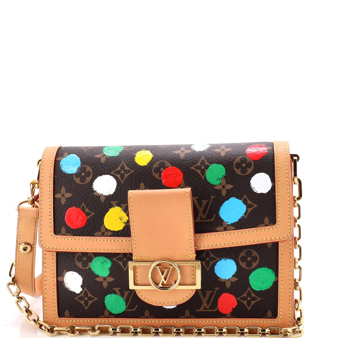 Yayoi Kusama Painted Dots Monogram Canvas Louis Vuitton Dauphine MM: Yayoi Kusama Painted Dots Monogram Canvas Louis Vuitton Dauphine MM Brown Louis Vuitton Dauphine MM shoulder bag with a unique canvas exterior featuring Yayoi Kusama's painted dots monogram print.
