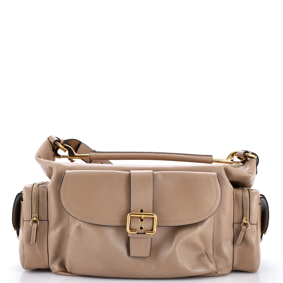 Large Leather Chloe Shoulder Bag: Large Leather Chloe Shoulder Bag Large Leather Chloe Shoulder Bag for everyday style, featuring a neutral exterior with minor scuffs and creases, and a spacious interior with gold hardware. The bag me