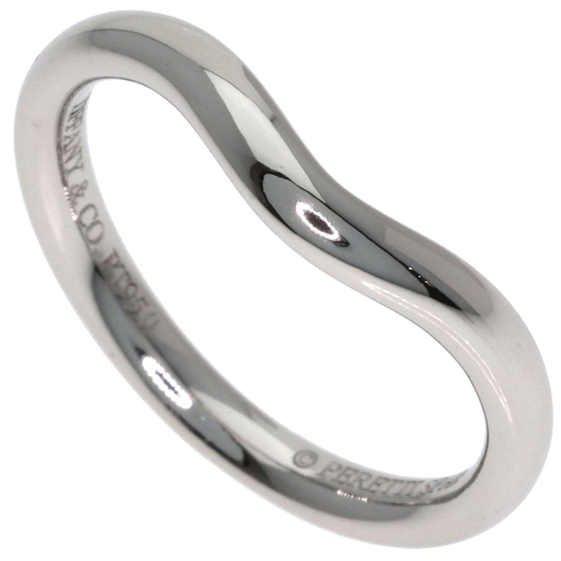 Tiffany Co Platinum Ring Band Curved: Tiffany Co Platinum Ring Band Curved Tiffany & Co's Platinum Ring Band Curved features a sleek, silver PT950 design with a curved silhouette. This ring boasts a silver exterior and measures 3.25 in US