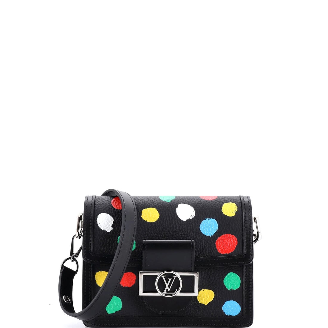 Yayoi Kusama Painted Dots Louis Vuitton Dauphine Taurillon Leather Shoulder Bag: Yayoi Kusama Painted Dots Louis Vuitton Dauphine Taurillon Leather Shoulder Bag Black Louis Vuitton Dauphine Taurillon Leather Mini Shoulder Bag with a unique touch of Yayoi Kusama's painted dots. Thi